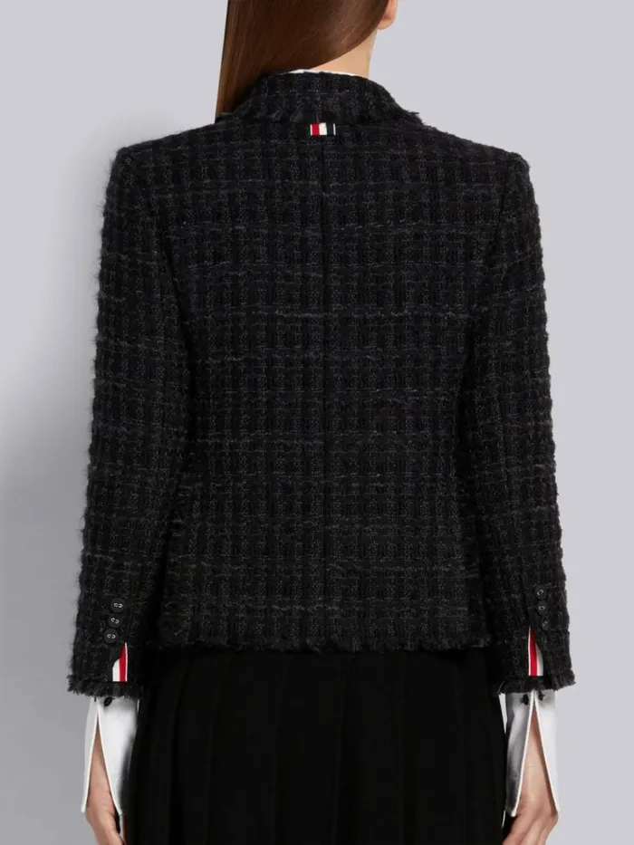Frayed Wool Chiffon Gunclub Check Tweed High Armhole Sport Coat Black Women Thom Browne Jackets