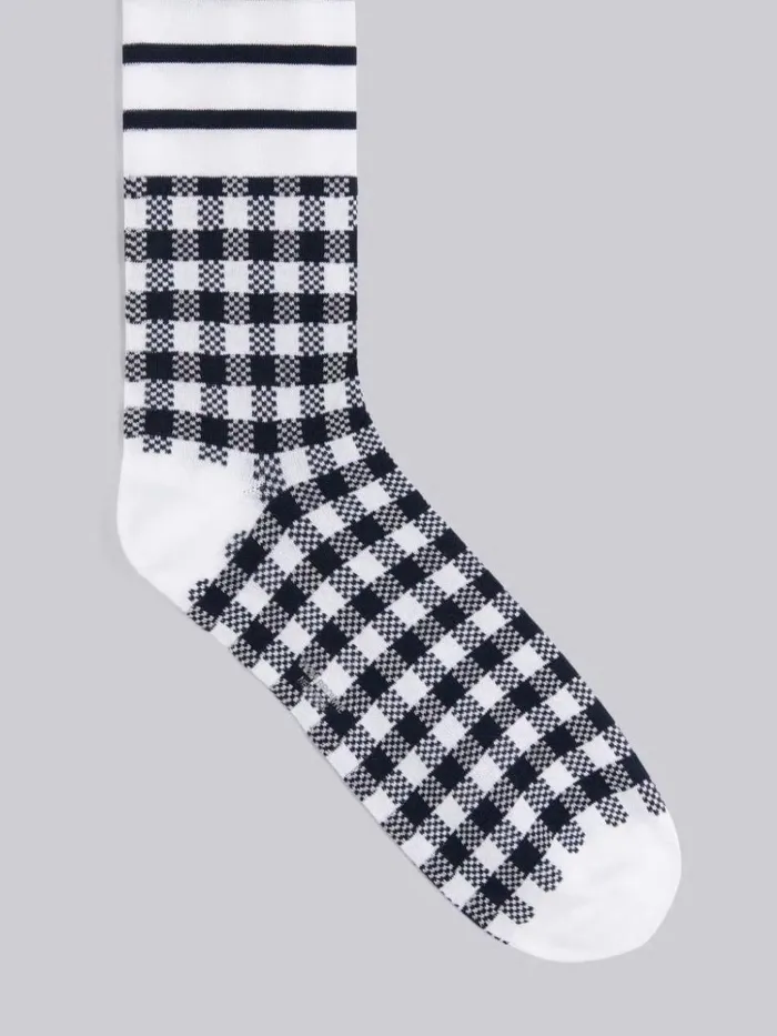 Funmix Gingham And Madras Mercerized Cotton 4bar Mid Calf Socks Navy WomenMen Thom Browne Novelty And Knits