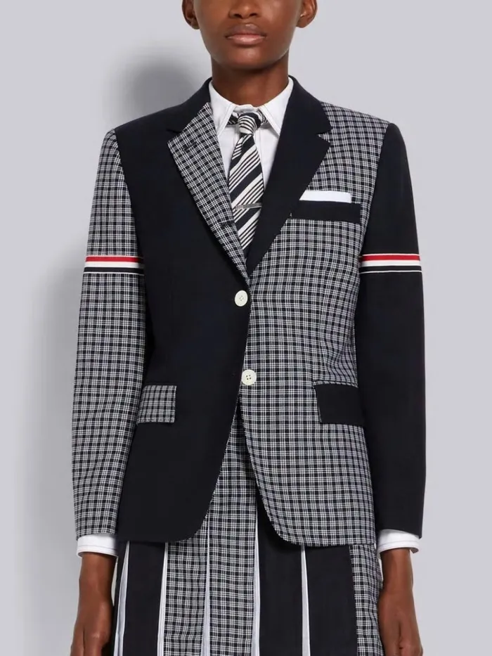 Funmix Micro 4bar Check And 2ply Fresco Armband Classic Jacket Navy Women Thom Browne Jackets Funmix Micro 4bar Check And 2ply Fresco Armband Classic Jacket Navy Women Thom Browne Jackets