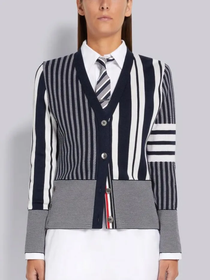 Funmix Silk Seersucker Stripe Jacquard 4bar Vneck Cardigan Navy Women Thom Browne Knitwear Funmix Silk Seersucker Stripe Jacquard 4bar Vneck Cardigan Navy Women Thom Browne Knitwear
