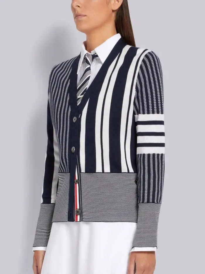 Funmix Silk Seersucker Stripe Jacquard 4bar Vneck Cardigan Navy Women Thom Browne Knitwear