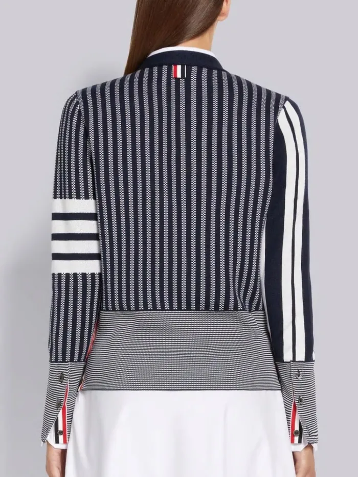 Funmix Silk Seersucker Stripe Jacquard 4bar Vneck Cardigan Navy Women Thom Browne Knitwear