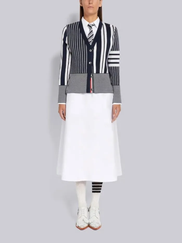 Funmix Silk Seersucker Stripe Jacquard 4bar Vneck Cardigan Navy Women Thom Browne Knitwear