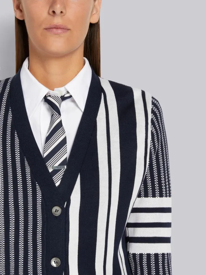 Funmix Silk Seersucker Stripe Jacquard 4bar Vneck Cardigan Navy Women Thom Browne Knitwear