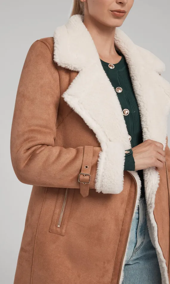 Generation Love Clothing Outerwear Women Carla Suede And Faux Fur Combo Coat Cognacwhite