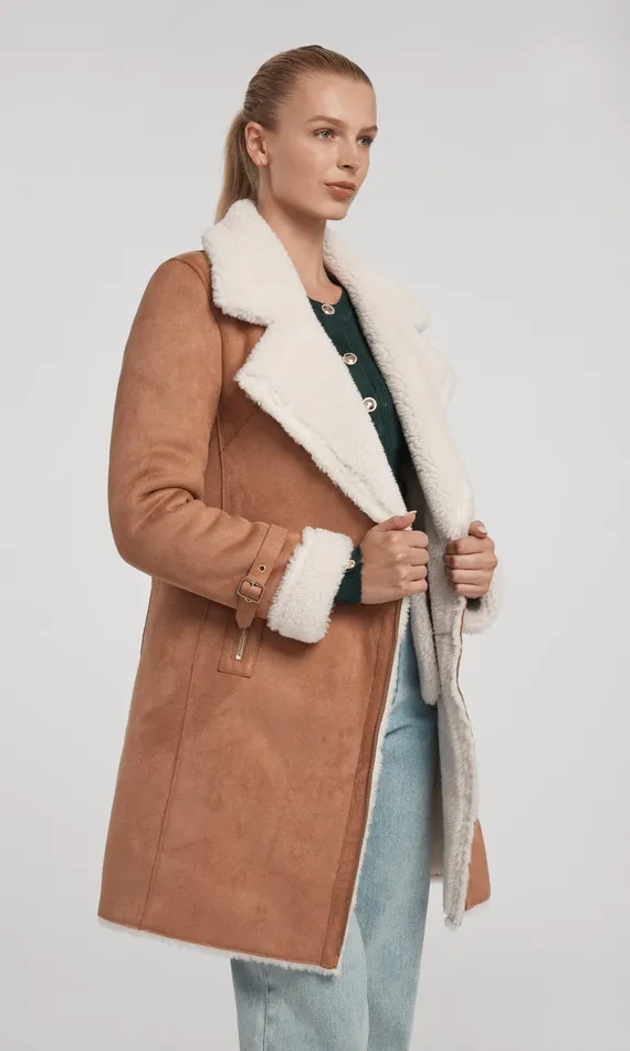 Generation Love Clothing Outerwear Women Carla Suede And Faux Fur Combo Coat Cognacwhite