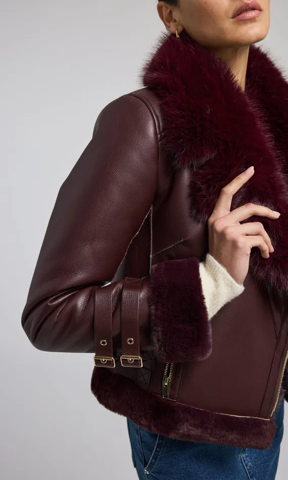 Generation Love Clothing Outerwear Women Dion Faux Fur Shearling Moto Jacket Malbec