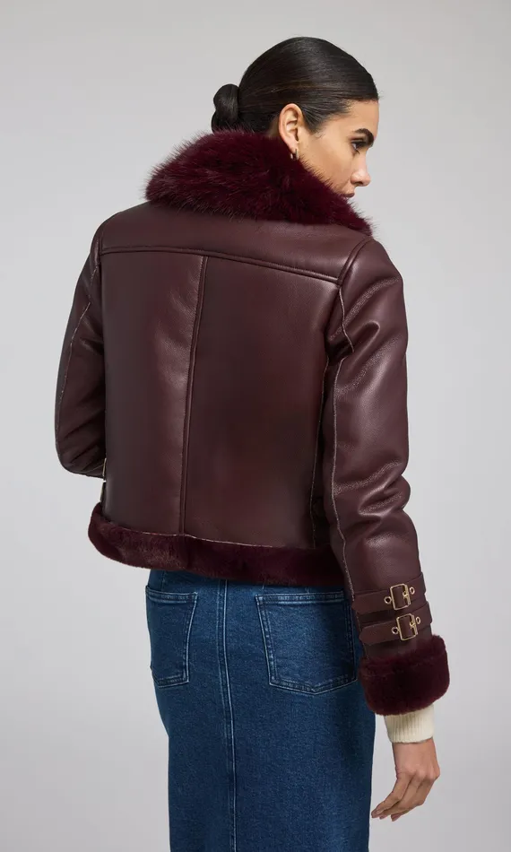 Generation Love Clothing Outerwear Women Dion Faux Fur Shearling Moto Jacket Malbec