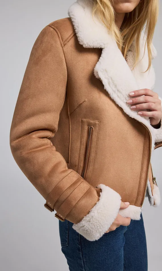 Generation Love Clothing Outerwear Women Dion Vegan Suede Shearling Moto Jacket Cognacwhite