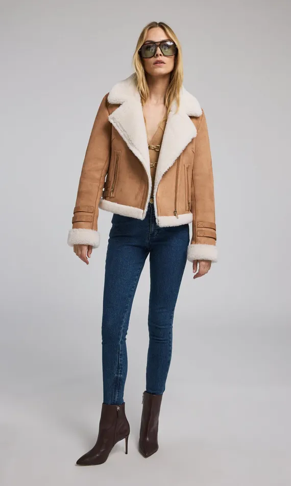 Generation Love Clothing Outerwear Women Dion Vegan Suede Shearling Moto Jacket Cognacwhite