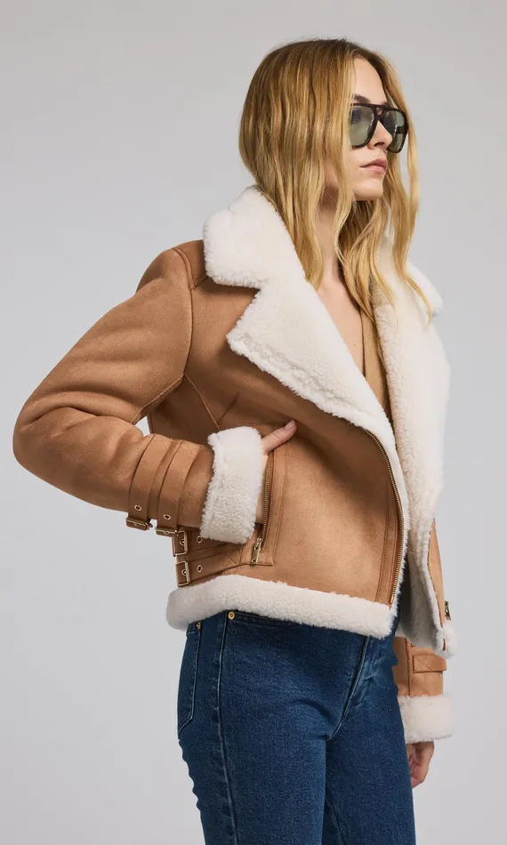 Generation Love Clothing Outerwear Women Dion Vegan Suede Shearling Moto Jacket Cognacwhite