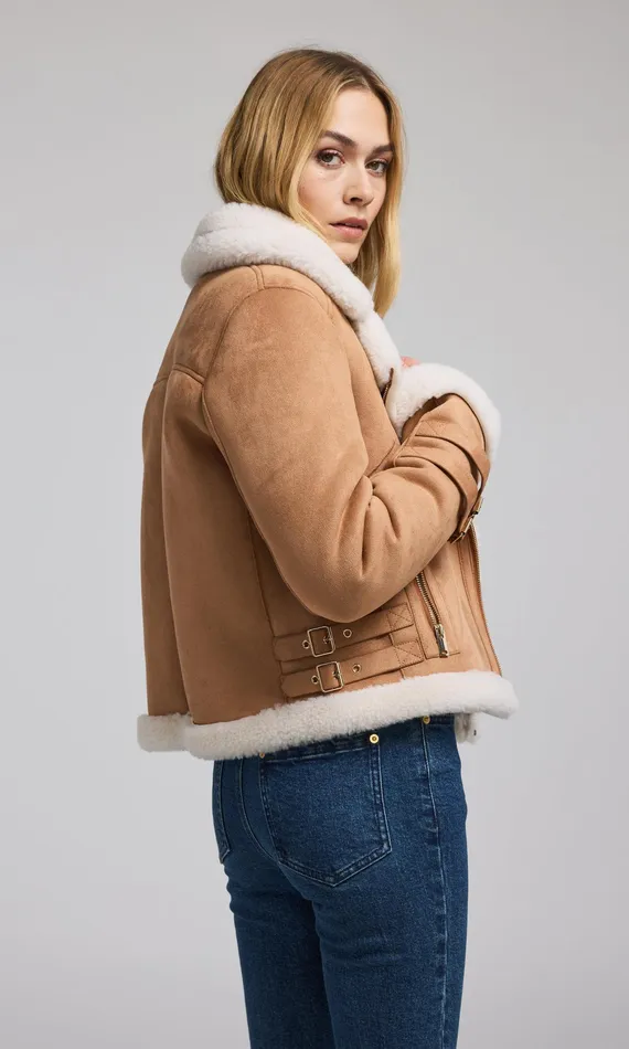 Generation Love Clothing Outerwear Women Dion Vegan Suede Shearling Moto Jacket Cognacwhite
