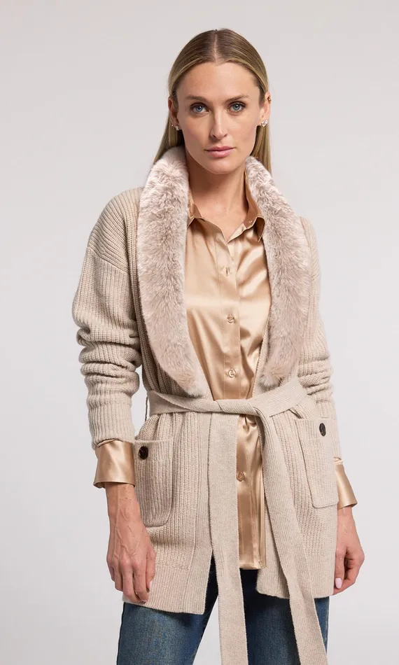 Generation Love Clothing Sweaters and Sweatshirts Women Patty Fur Combo Cardigan Heather Oatmeal