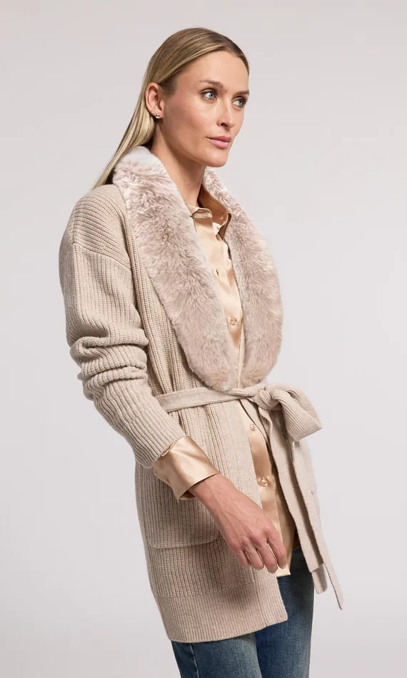 Generation Love Clothing Sweaters and Sweatshirts Women Patty Fur Combo Cardigan Heather Oatmeal