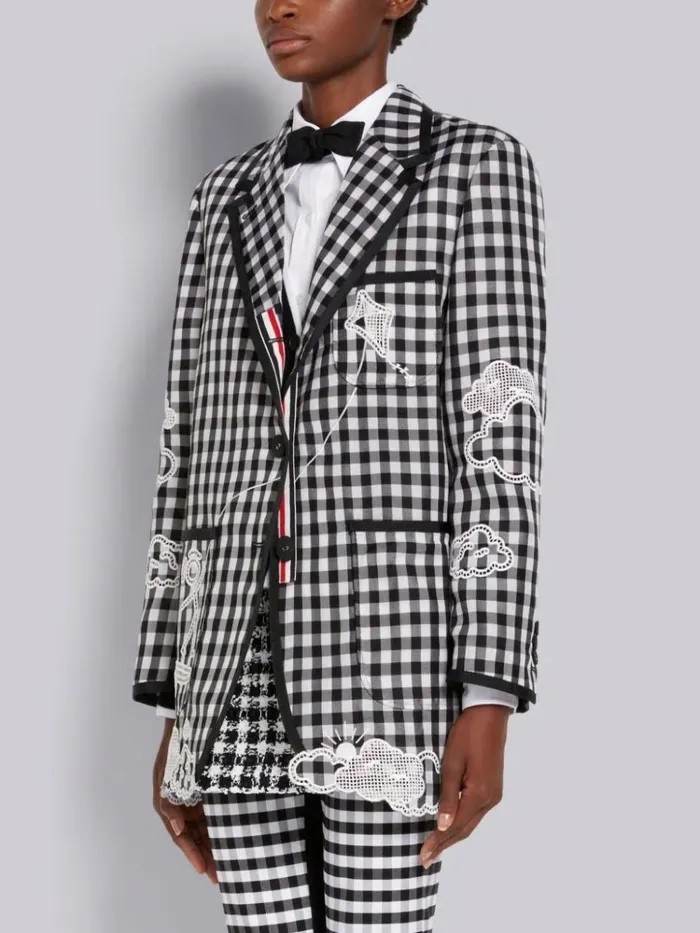 Gingham Check Double Organdy Broderie Anglaise Unconstructed Oversized Sack Jacket Black And White Women Thom Browne Jackets