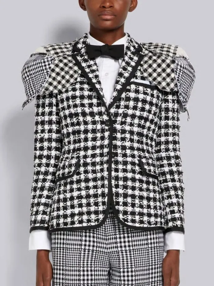 Gingham Check Tweed Grosgrain Tipping Stacked Shoulder Pad Classic Jacket Black And White Women Thom Browne Jackets Gingham Check Tweed Grosgrain Tipping Stacked Shoulder Pad Classic Jacket Black And White Women Thom Browne Jackets
