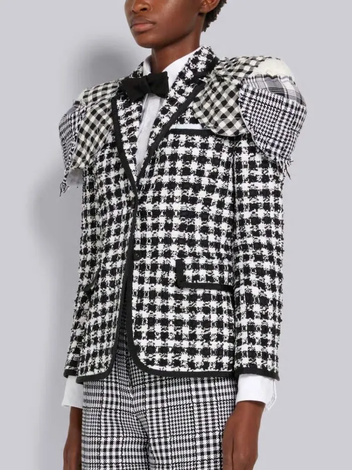 Gingham Check Tweed Grosgrain Tipping Stacked Shoulder Pad Classic Jacket Black And White Women Thom Browne Jackets