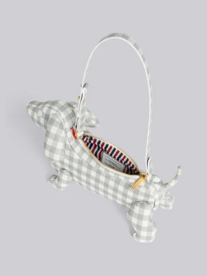 Gingham Print Caviar Leather Hector Baguette Shoulder Bag Medium Grey Women Thom Browne Crossbody Bags