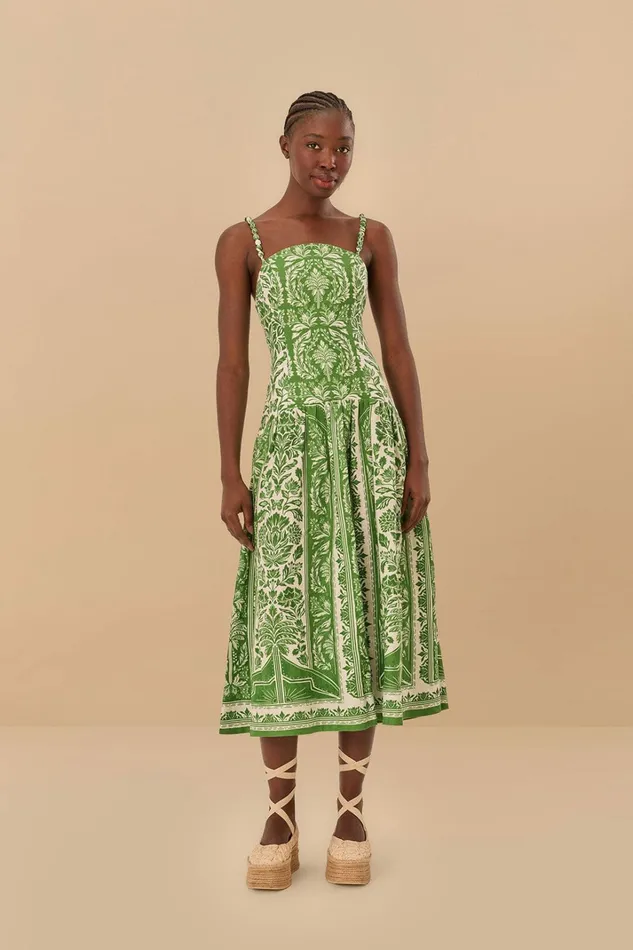 Green Delicate Tapestry Euroflax Premium Linen Midi Dress Women FARM Rio Midi Dresses