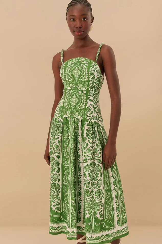 Green Delicate Tapestry Euroflax Premium Linen Midi Dress Women FARM Rio Midi Dresses Green Delicate Tapestry Euroflax Premium Linen Midi Dress Women FARM Rio Midi Dresses