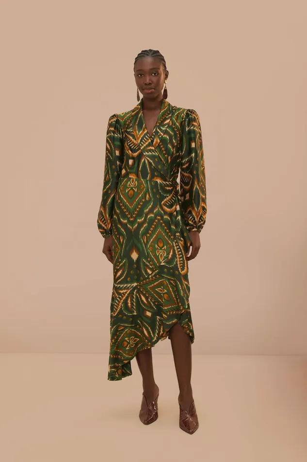 Green Pineapple Ikat Long Sleeve Midi Dress Women FARM Rio Midi Dresses