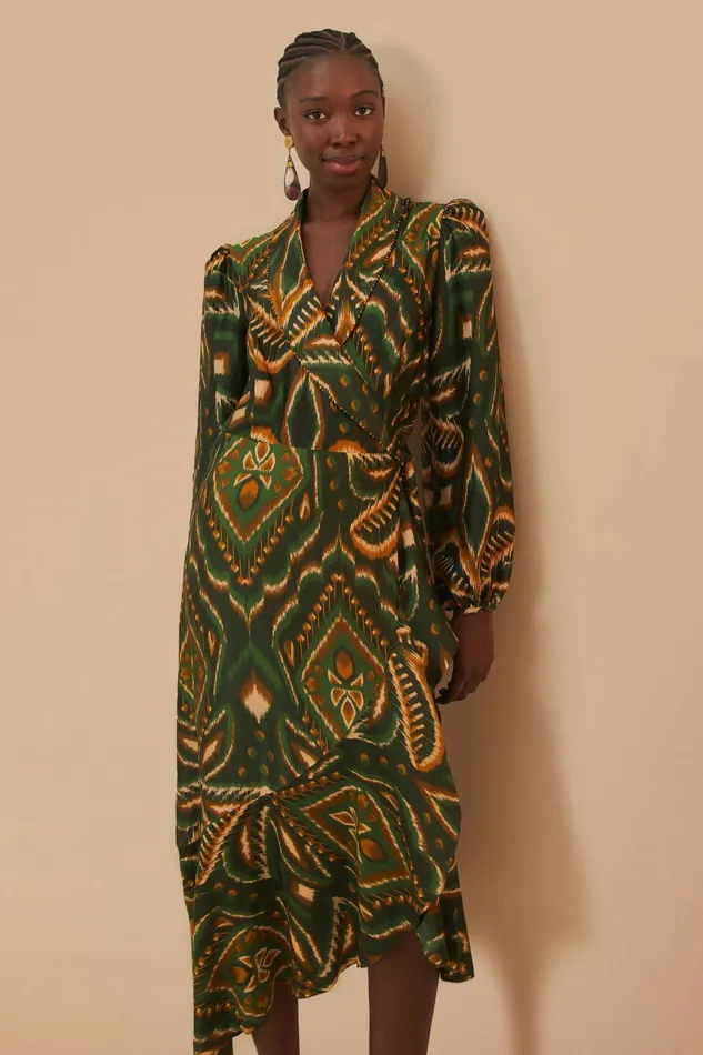 Green Pineapple Ikat Long Sleeve Midi Dress Women FARM Rio Midi Dresses Green Pineapple Ikat Long Sleeve Midi Dress Women FARM Rio Midi Dresses