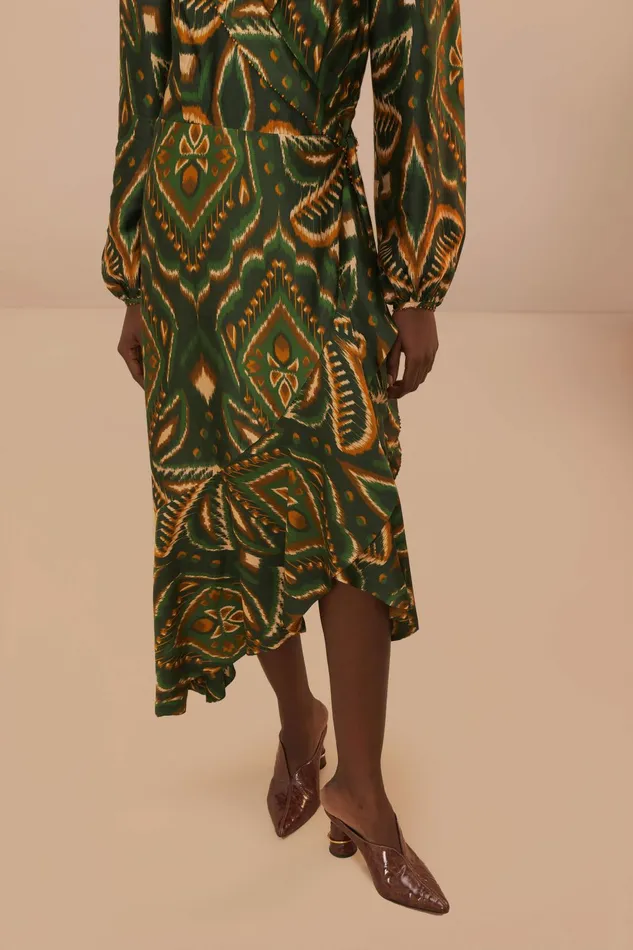 Green Pineapple Ikat Long Sleeve Midi Dress Women FARM Rio Midi Dresses Green Pineapple Ikat Long Sleeve Midi Dress Women FARM Rio Midi Dresses