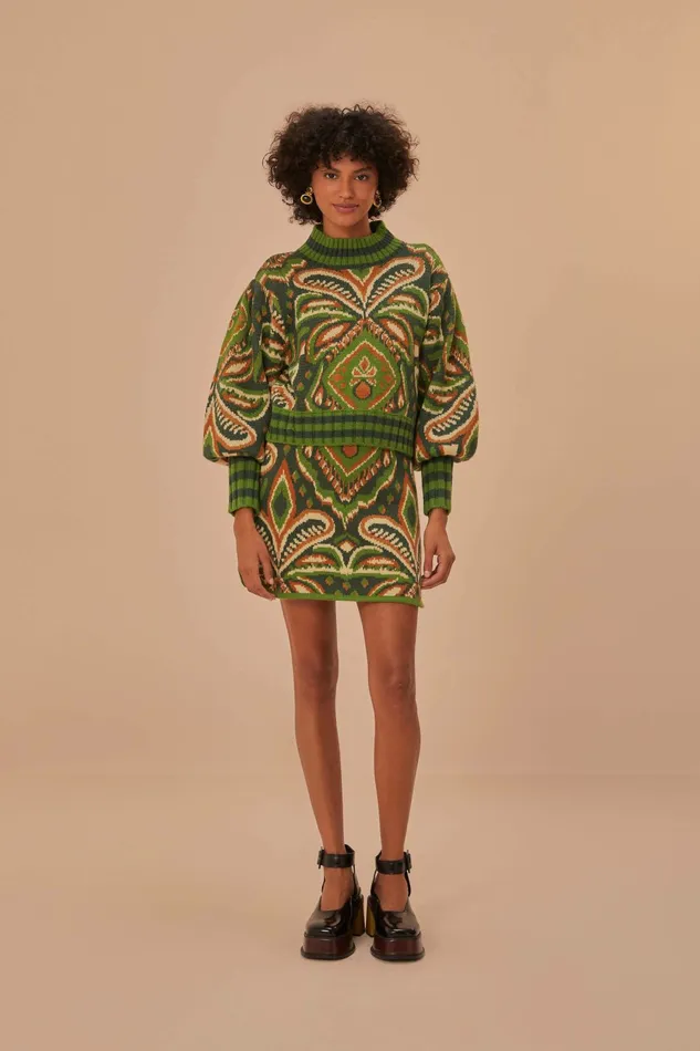 Green Pinneaple Ikat Knit Mini Skirt Women FARM Rio Skirts