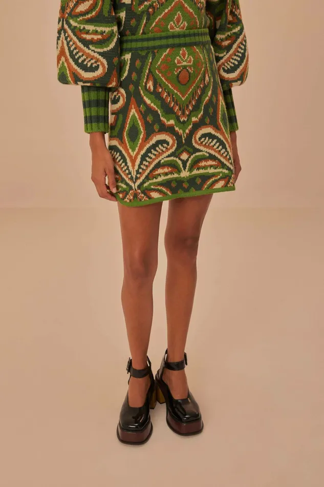 Green Pinneaple Ikat Knit Mini Skirt Women FARM Rio Skirts Green Pinneaple Ikat Knit Mini Skirt Women FARM Rio Skirts