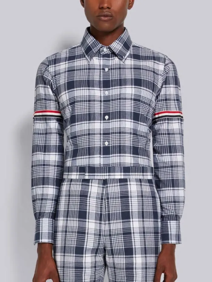 Hairline Madras Check Stripe Armband Straight Fit Shirt Navy Men Thom Browne Shirting Hairline Madras Check Stripe Armband Straight Fit Shirt Navy Men Thom Browne Shirting