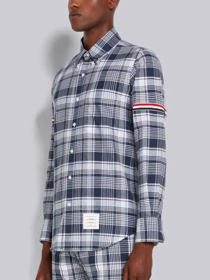 Hairline Madras Check Stripe Armband Straight Fit Shirt Navy Men Thom Browne Shirting