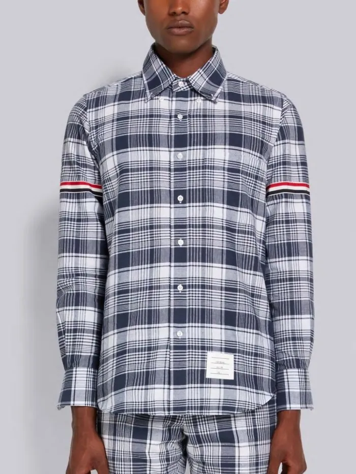 Hairline Madras Check Stripe Armband Straight Fit Shirt Navy Men Thom Browne Shirting