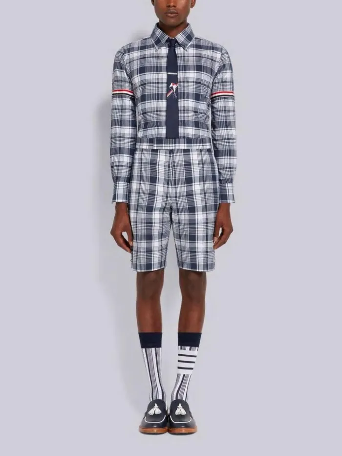 Hairline Madras Check Stripe Armband Straight Fit Shirt Navy Men Thom Browne Shirting