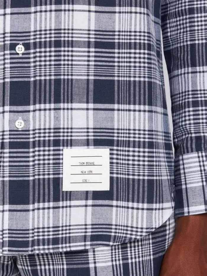 Hairline Madras Check Stripe Armband Straight Fit Shirt Navy Men Thom Browne Shirting