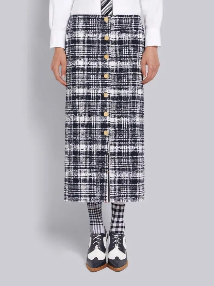 Hairline Madras Ribbon Tweed Low Rise Button Front Ankle Length Cardigan Skirt Navy Women Thom Browne Skirts