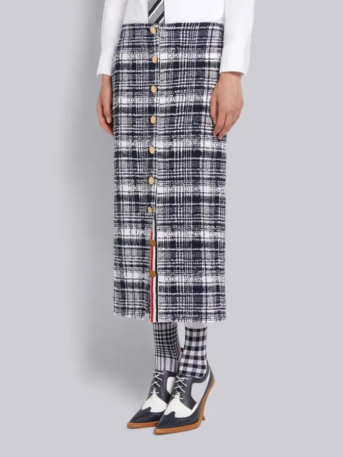 Hairline Madras Ribbon Tweed Low Rise Button Front Ankle Length Cardigan Skirt Navy Women Thom Browne Skirts