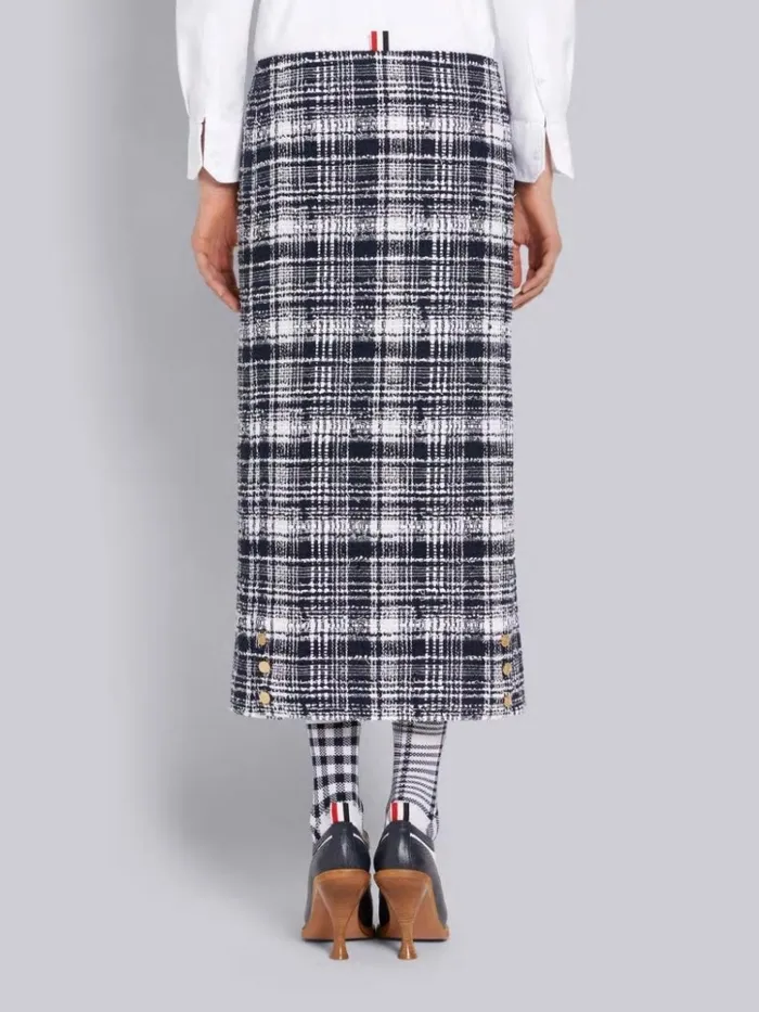 Hairline Madras Ribbon Tweed Low Rise Button Front Ankle Length Cardigan Skirt Navy Women Thom Browne Skirts