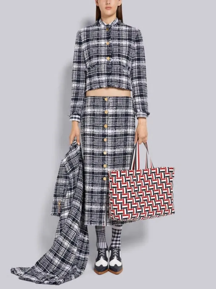 Hairline Madras Ribbon Tweed Low Rise Button Front Ankle Length Cardigan Skirt Navy Women Thom Browne Skirts