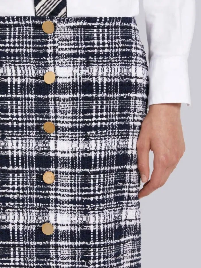 Hairline Madras Ribbon Tweed Low Rise Button Front Ankle Length Cardigan Skirt Navy Women Thom Browne Skirts
