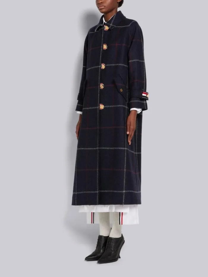 Herringbone Windowpane British Wool Toggle Closure Raglan Sleeve Duffle Overcoat Navy Women Thom Browne Outerwear