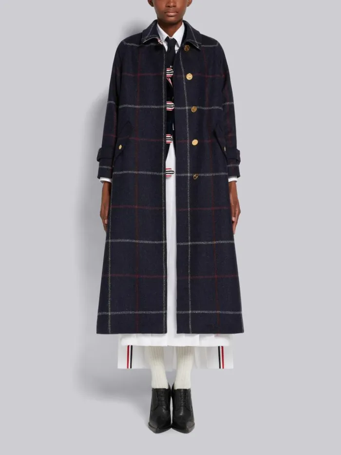 Herringbone Windowpane British Wool Toggle Closure Raglan Sleeve Duffle Overcoat Navy Women Thom Browne Outerwear