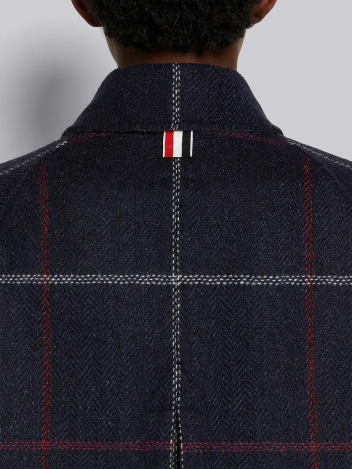 Herringbone Windowpane British Wool Toggle Closure Raglan Sleeve Duffle Overcoat Navy Women Thom Browne Outerwear