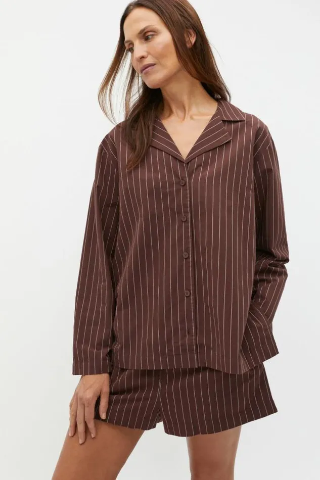HomeWomen Sleepwear Seed Heritage Stripe Long Sleeve Shirt And Short PJ Set Claret Stripe