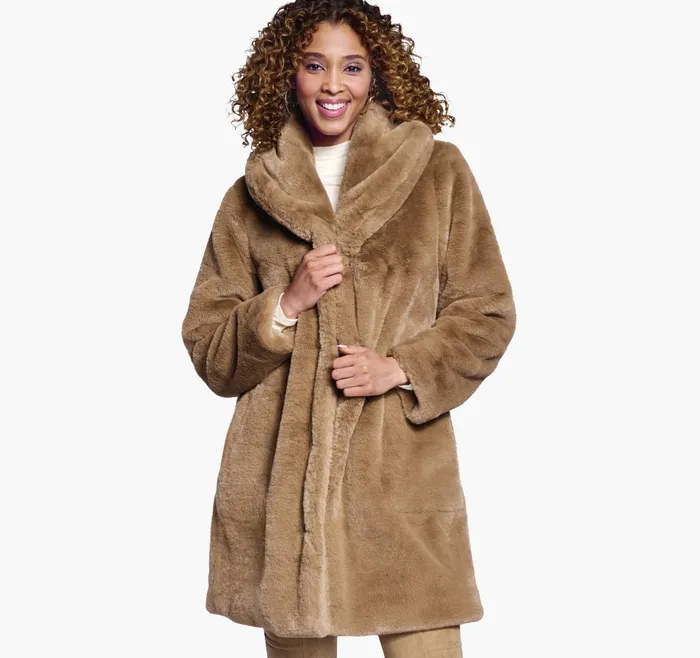 JohnstonandMurphy Coats Jackets and Vests FauxFur ShawlCollar Coat Camel 8211 Women JohnstonandMurphy Coats Jackets and Vests FauxFur ShawlCollar Coat Camel 8211 Women