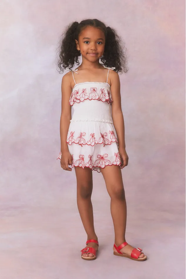 Kids Girls LoveShackFancy Girls Fatima Cherry Embroidered Cotton Top Candy Red Kids Girls LoveShackFancy Girls Fatima Cherry Embroidered Cotton Top Candy Red