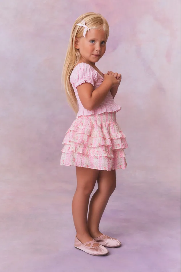Kids Girls LoveShackFancy Girls Fragrance Print Cotton Billie Skirt Strawberry Macaroon