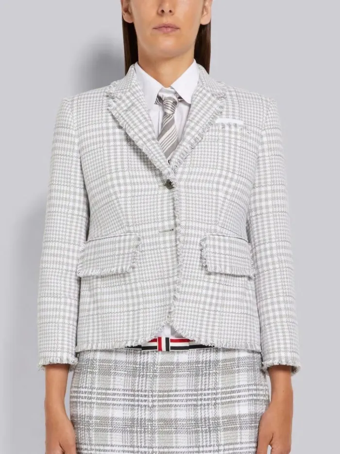 Large Gingham Summer Tweed Frayed High Armhole Jacket Medium Grey Women Thom Browne Jackets Large Gingham Summer Tweed Frayed High Armhole Jacket Medium Grey Women Thom Browne Jackets