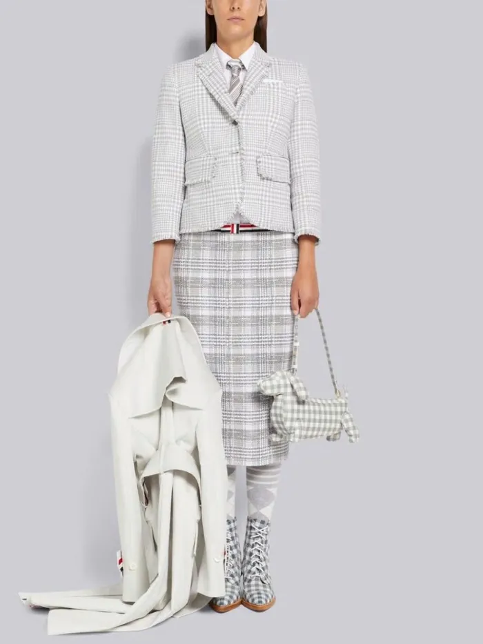 Large Gingham Summer Tweed Frayed High Armhole Jacket Medium Grey Women Thom Browne Jackets