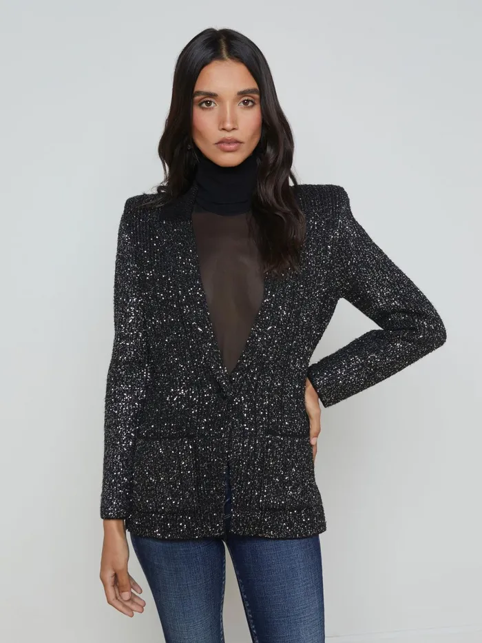 Leonora Sequin Knit Blazer Blacksilver Sequin Women L039Agence Blazers and Jackets