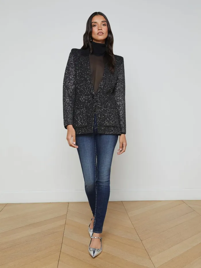 Leonora Sequin Knit Blazer Blacksilver Sequin Women L039Agence Blazers and Jackets Leonora Sequin Knit Blazer Blacksilver Sequin Women L039Agence Blazers and Jackets